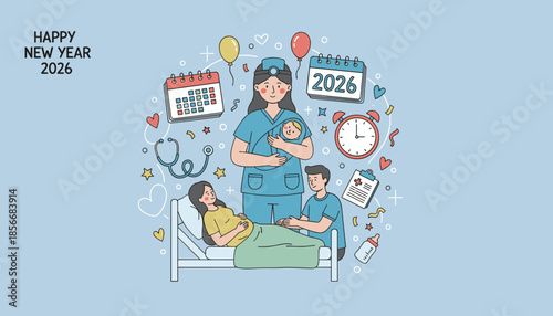 Happy New Year 2026 Nurse holding a newborn baby next to parents in a maternity ward illustration