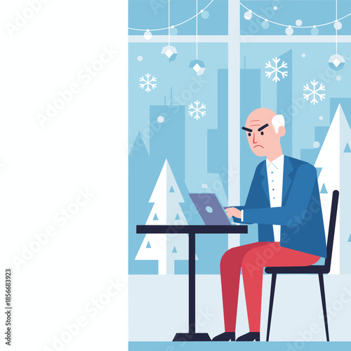 Grumpy senior man working on a laptop near a snowy window with holiday decorations