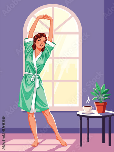 Pop art pin up girl stretching arms near window in morning light, modern vector illustration with solid colors, ideal for daily routine visuals