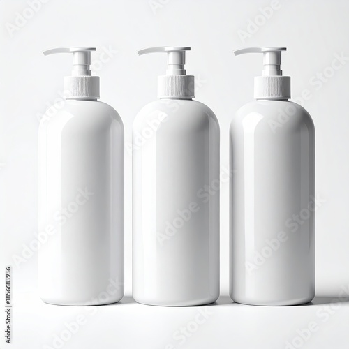 Three identical, glossy white pump bottles