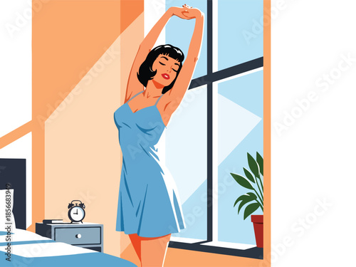 Pop art pin up girl stretching arms near window in morning light, modern vector illustration with solid colors, ideal for daily routine visuals