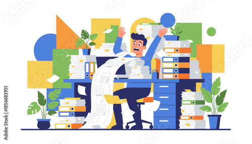 Stressed employee buried under mountains of paperwork and heavy workload Deadline pressure concept