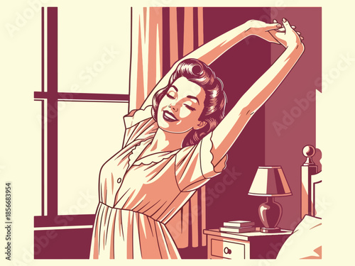 Pop art pin up girl stretching arms near window in morning light, modern vector illustration with solid colors, ideal for daily routine visuals