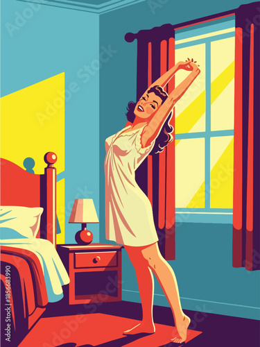 Pop art pin up girl stretching arms near window in morning light, modern vector illustration with solid colors, ideal for daily routine visuals