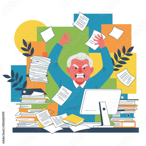 Overwhelmed senior worker suffering burnout angrily throwing documents around messy office desk