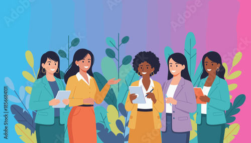 Diverse professional women collaborating Teamwork female leadership and business success illustration