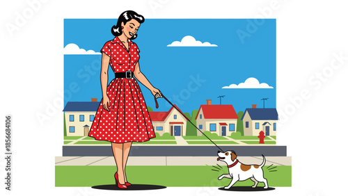 Pop art pin up girl walking dog on suburban street, friendly modern vector illustration with solid colors, ideal for pet and lifestyle designs