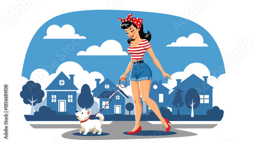 Pop art pin up girl walking dog on suburban street, friendly modern vector illustration with solid colors, ideal for pet and lifestyle designs