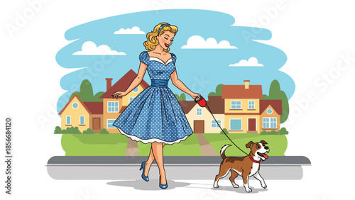 Pop art pin up girl walking dog on suburban street, friendly modern vector illustration with solid colors, ideal for pet and lifestyle designs