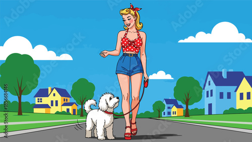 Pop art pin up girl walking dog on suburban street, friendly modern vector illustration with solid colors, ideal for pet and lifestyle designs