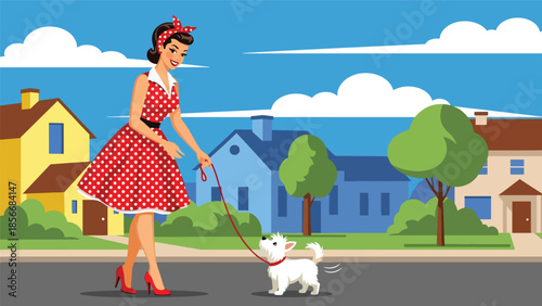 Pop art pin up girl walking dog on suburban street, friendly modern vector illustration with solid colors, ideal for pet and lifestyle designs