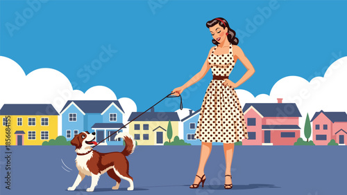 Pop art pin up girl walking dog on suburban street, friendly modern vector illustration with solid colors, ideal for pet and lifestyle designs