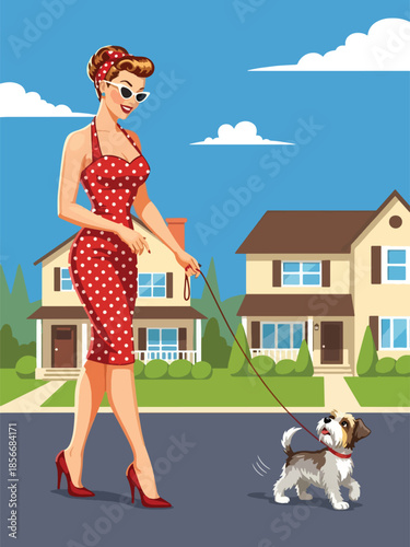 Pop art pin up girl walking dog on suburban street, friendly modern vector illustration with solid colors, ideal for pet and lifestyle designs