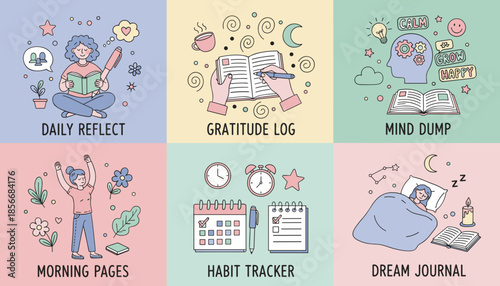 Selfcare mental wellness routines vector illustration journaling daily reflection habit tracking and positive growth