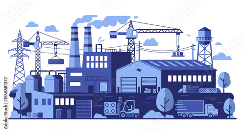Modern industrial factory complex illustration with cranes delivery truck and logistics vehicles in blue monochrome