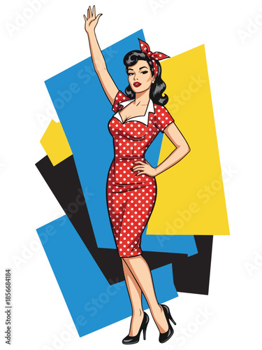 Pop art pin up girl waving confidently in classic pose, modern vector illustration with solid colors, ideal for pop culture and poster designs