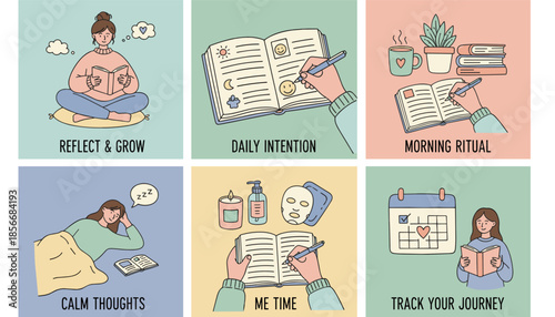 Selfcare and personal development illustration set journaling reading daily rituals and wellness routine concepts
