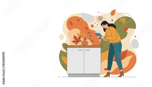 Woman overwhelmed by tablet and digital anxiety amidst cozy autumn decoration
