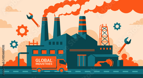 Industrial factory illustration production logistics global business pollution and manufacturing
