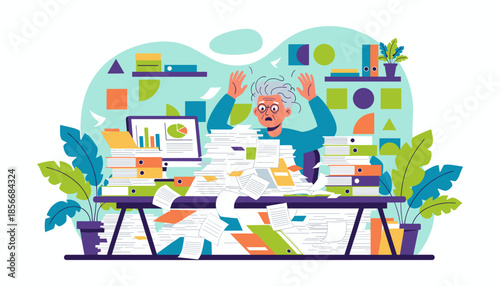 Overwhelmed employee drowning in huge stacks of papers and folders suffering professional burnout