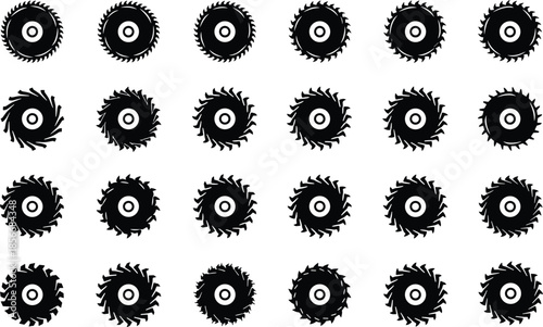 Circular saw blade silhouette vector collection, industrial wood cutting tool icons, carpenter gear symbols set, power tool hardware graphic elements, sawmill.