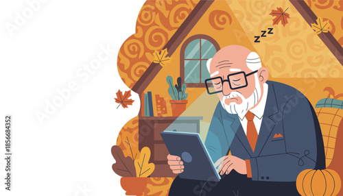 Elderly man falling asleep while using a tablet in a cozy autumn home environment
