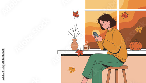 Lonely woman checks phone by autumn window Melancholy seasonal depression and digital anxiety concept