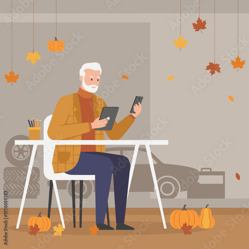 Mature man using digital tablet and smartphone in an autumnthemed garage for remote work or hobbies
