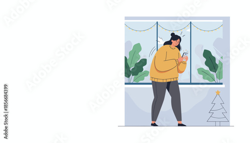 Stressed woman checks her phone for errors indoors Battery or network problems cause anxiety