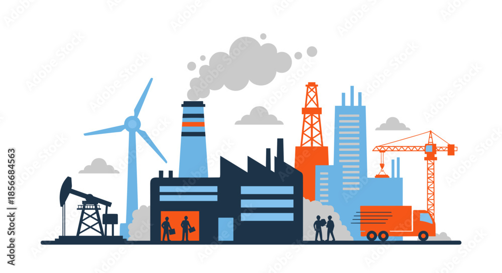 Obraz premium Industrial city illustration factory construction energy production oil and wind urban development and logistics