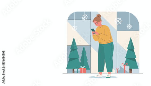 Sad woman uses phone in festive winter setting Holiday stress tech isolation bad news concept