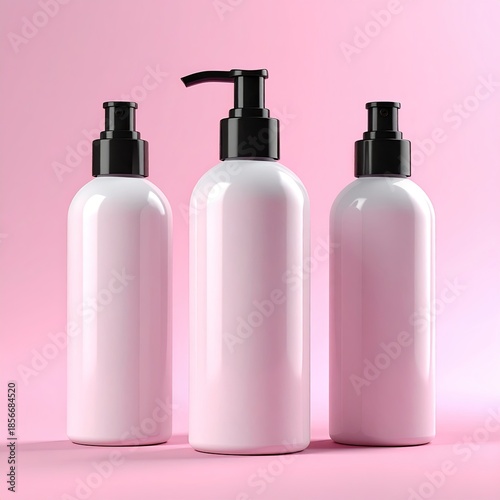 Three glossy, light pink cosmetic bottles with black pump tops