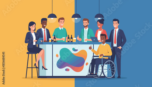 Diverse colleagues including a man in a wheelchair socialize at a bar celebrating inclusion and teamwork