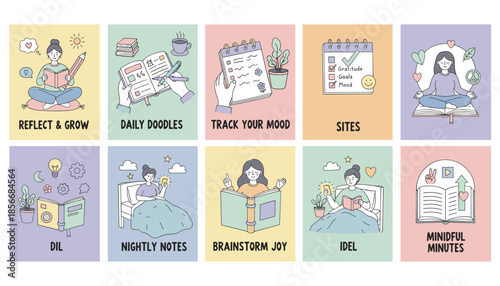 Selfcare routine illustrations Journaling meditation reading and mood tracking for mental wellness and personal growth