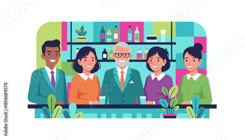 Vector illustration of diverse business colleagues socializing after work at a modern bar