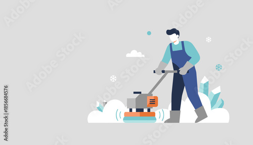 Worker using a snow removal machine to clear ice and snow on a cold winter day Illustration