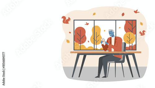 Mature businessman uses mobile phone near a large window showcasing colorful autumn foliage and wildlife