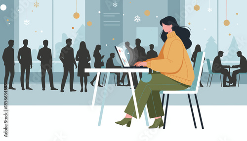 Woman working on laptop in a winterthemed modern office or airport lounge surrounded by busy silhouettes
