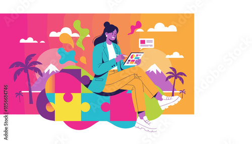 Woman solving business puzzle on a tablet balancing worklife with tropical scenery