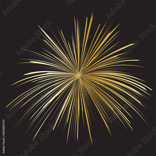 Golden Abstract Fireworks on black Background. Minimal golden fireworks bursts forming abstract celebration design, ideal for holidays, events, and modern decorative visuals.
