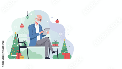 Senior man using tablet outdoors during Christmas surrounded by festive trees and gifts