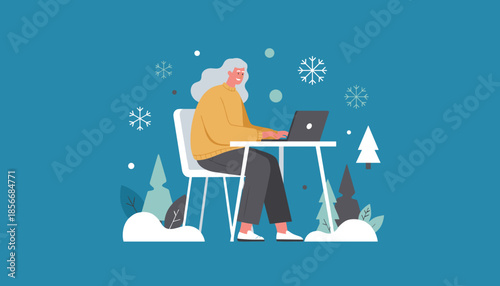 Senior woman working happily on a laptop in a cozy winter setting Remote work illustration