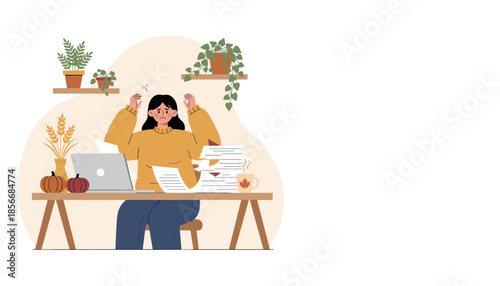Stressed woman overwhelmed by work and deadlines in autumn home office
