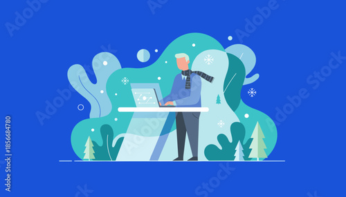 Senior man working remotely on a laptop in a stylized winter landscape Digital nomad concept