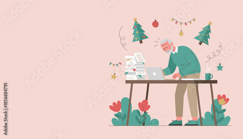Senior man stressed working through the Christmas holiday deadline on his laptop with huge paperwork