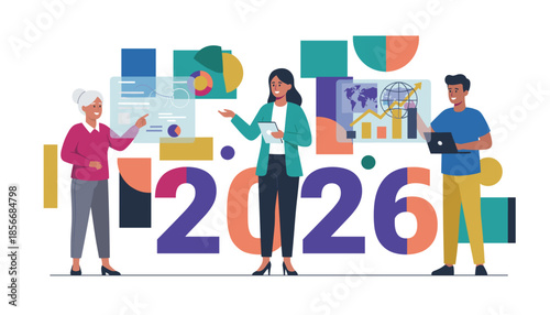 Diverse business team plans future strategy and financial goals for the year 2026