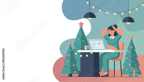 Overwhelmed worker dealing with holiday stress and a heavy workload at the office decorated for Christmas
