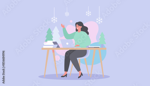Happy woman remote working with laptop in festive winter setting smiling and waving during a video call