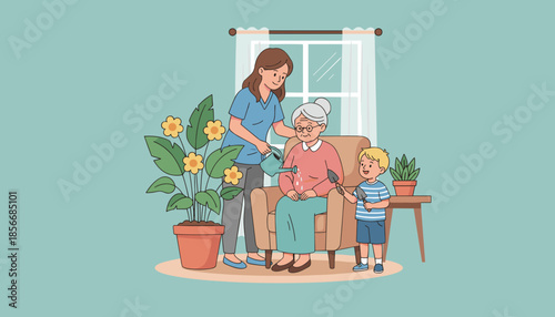 Three generations bond while watering plants and showing care at home