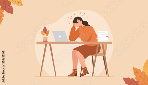 Burnout concept Stressed employee overwhelmed by paperwork and laptop work